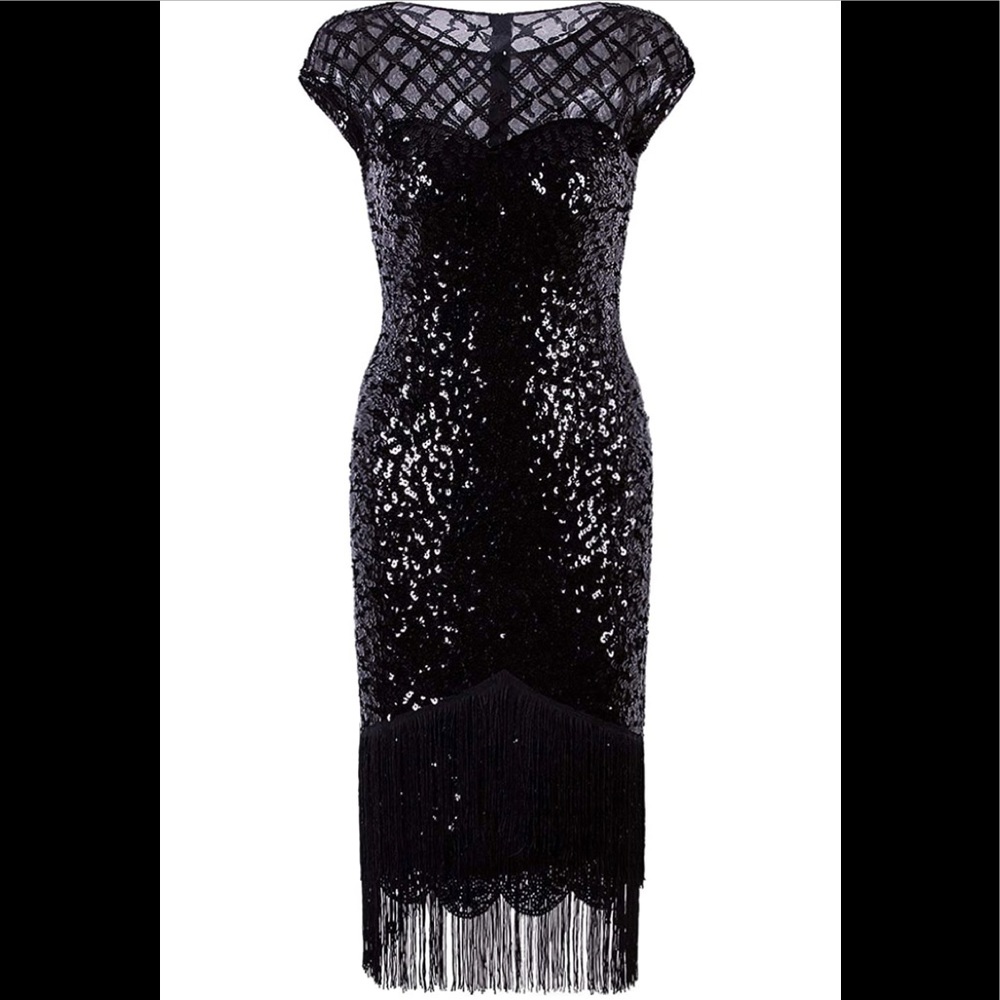 NWOT VIJIV Women's Vintage 1920s Black Sequin Fringe Flapper Dress w/sleeves XL